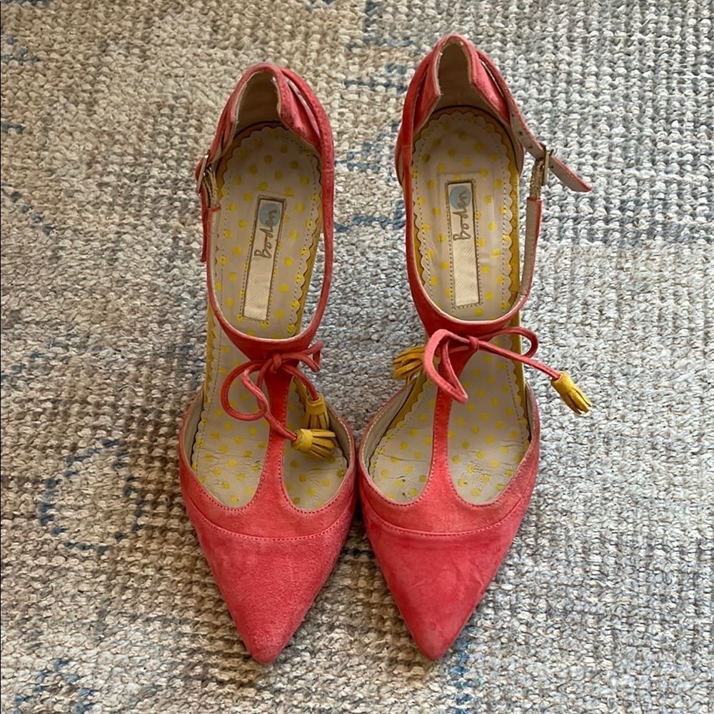 Boden Pink T-Strap Suede Heels